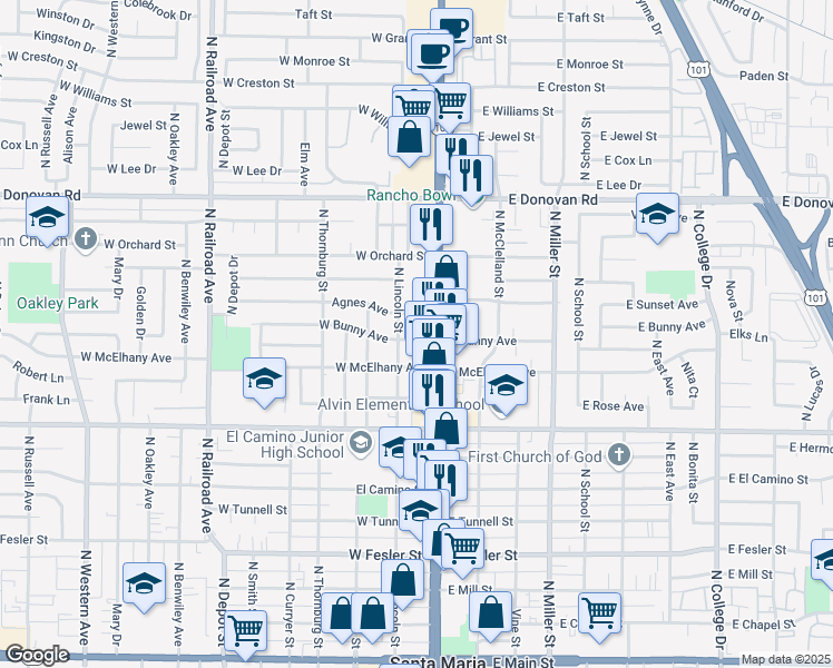 map of restaurants, bars, coffee shops, grocery stores, and more near 117 West Bunny Avenue in Santa Maria