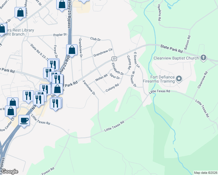 map of restaurants, bars, coffee shops, grocery stores, and more near 108 Colony Road in Travelers Rest