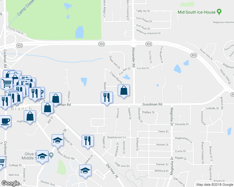 map of restaurants, bars, coffee shops, grocery stores, and more near 9876 Southern Oak Way in Olive Branch