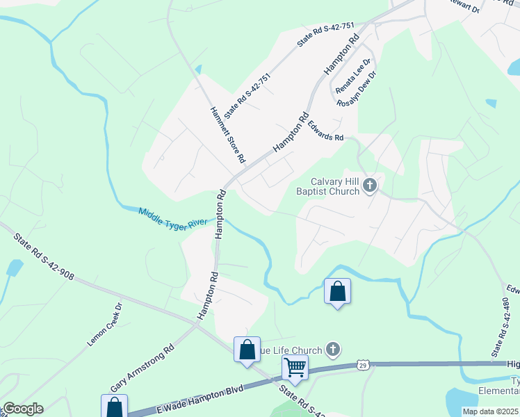map of restaurants, bars, coffee shops, grocery stores, and more near 150 Hampton Road in Lyman