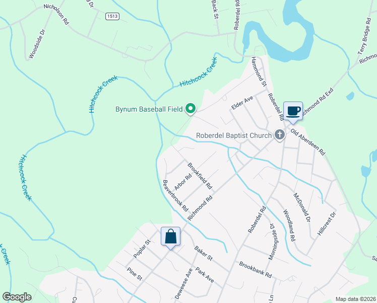 map of restaurants, bars, coffee shops, grocery stores, and more near 1004 Campbell Drive in Rockingham