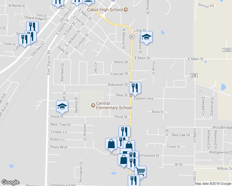 map of restaurants, bars, coffee shops, grocery stores, and more near 20 Pear Street in Cabot