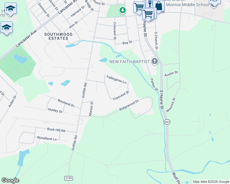 map of restaurants, bars, coffee shops, grocery stores, and more near 1405 Woodlark Place in Monroe