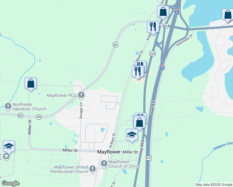 map of restaurants, bars, coffee shops, grocery stores, and more near 16 North Starlite Road in Mayflower