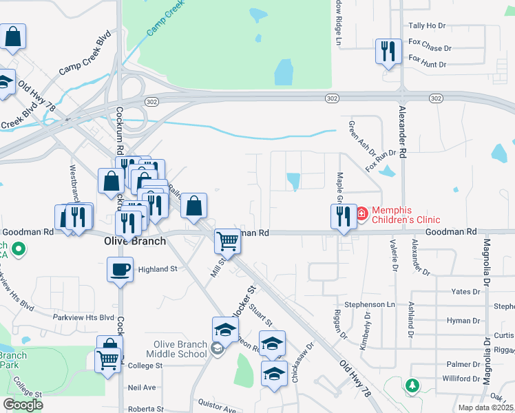map of restaurants, bars, coffee shops, grocery stores, and more near 7051 Village Lane in Olive Branch