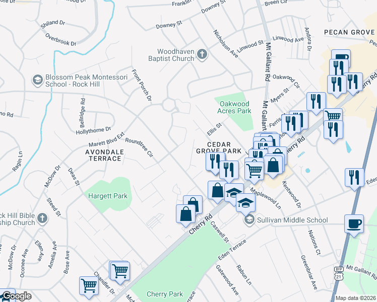 map of restaurants, bars, coffee shops, grocery stores, and more near 1839 Charter Drive in Rock Hill