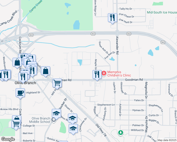map of restaurants, bars, coffee shops, grocery stores, and more near 9684 Goodman Road in Olive Branch