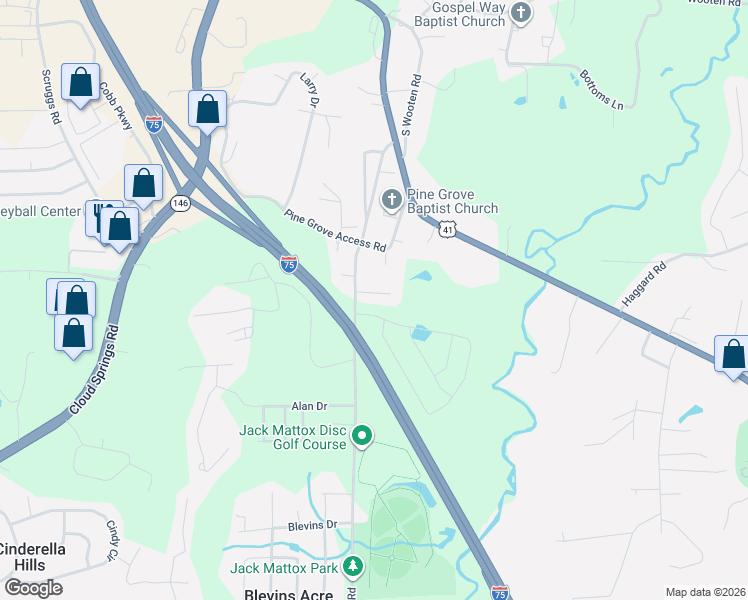 map of restaurants, bars, coffee shops, grocery stores, and more near 32 Swinging Bridge Lane in Ringgold