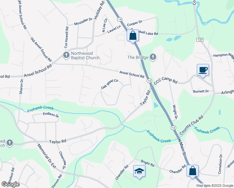 map of restaurants, bars, coffee shops, grocery stores, and more near 108 Oak Wind Circle in Greer