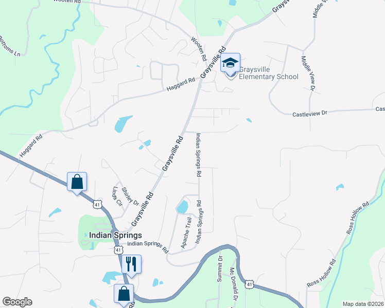 map of restaurants, bars, coffee shops, grocery stores, and more near 871 Indian Springs Road in Ringgold