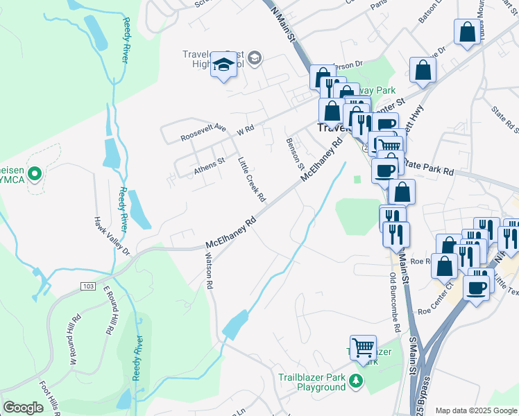 map of restaurants, bars, coffee shops, grocery stores, and more near 202 McElhaney Road in Travelers Rest