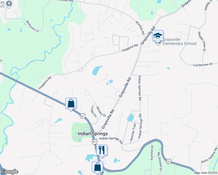 map of restaurants, bars, coffee shops, grocery stores, and more near 121 Woods Drive in Ringgold