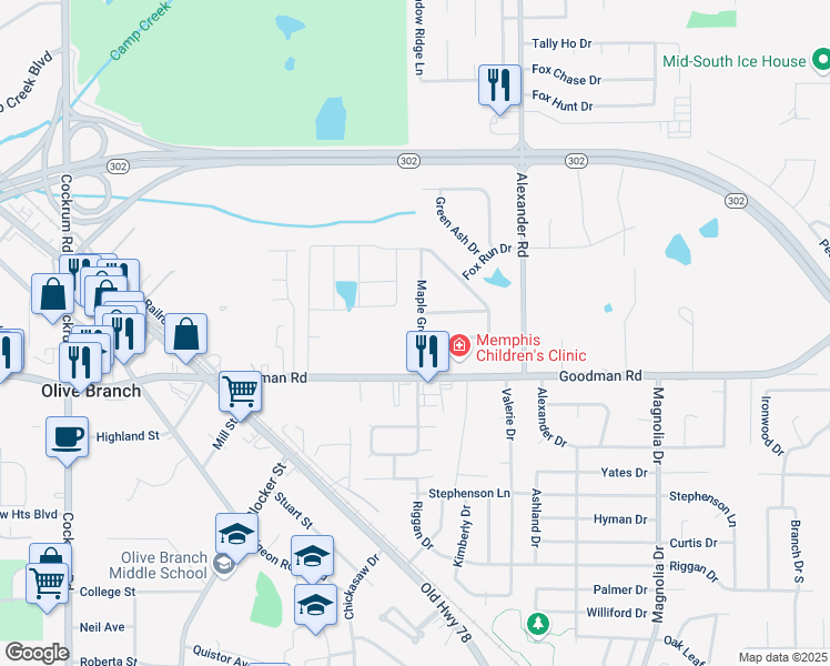 map of restaurants, bars, coffee shops, grocery stores, and more near 7099 Maple Grove Road in Olive Branch