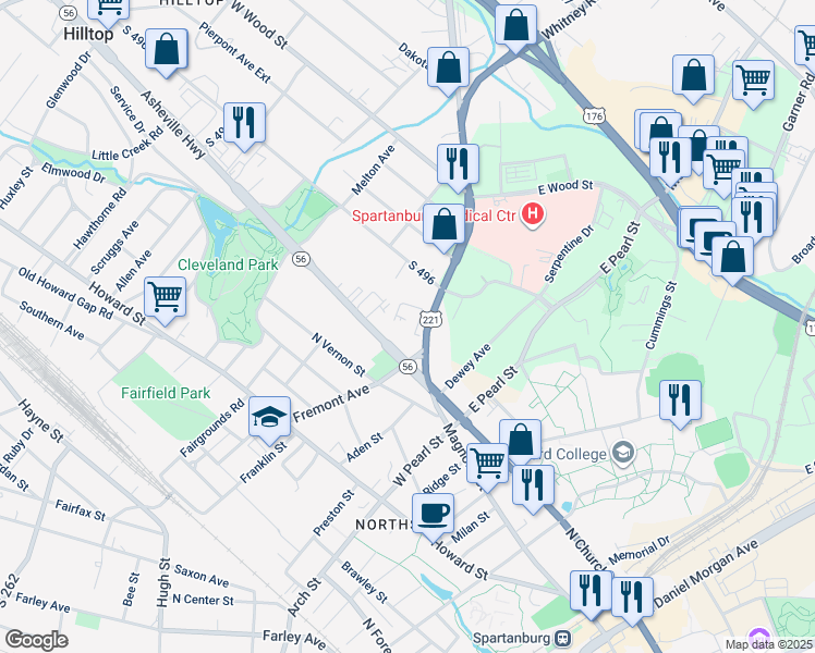 map of restaurants, bars, coffee shops, grocery stores, and more near 728 North Church Street in Spartanburg