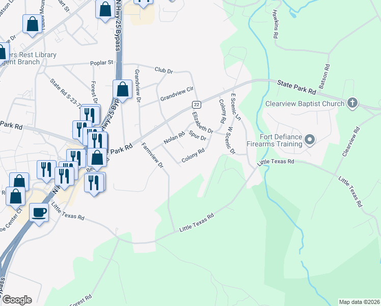 map of restaurants, bars, coffee shops, grocery stores, and more near 108 Colony Road in Travelers Rest