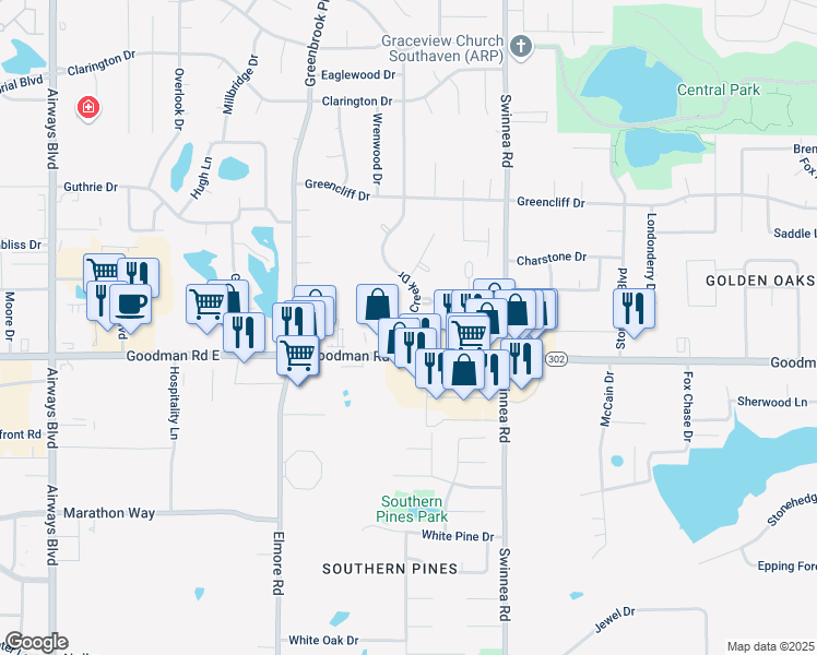 map of restaurants, bars, coffee shops, grocery stores, and more near 7062 Flower Creek Drive in Southaven