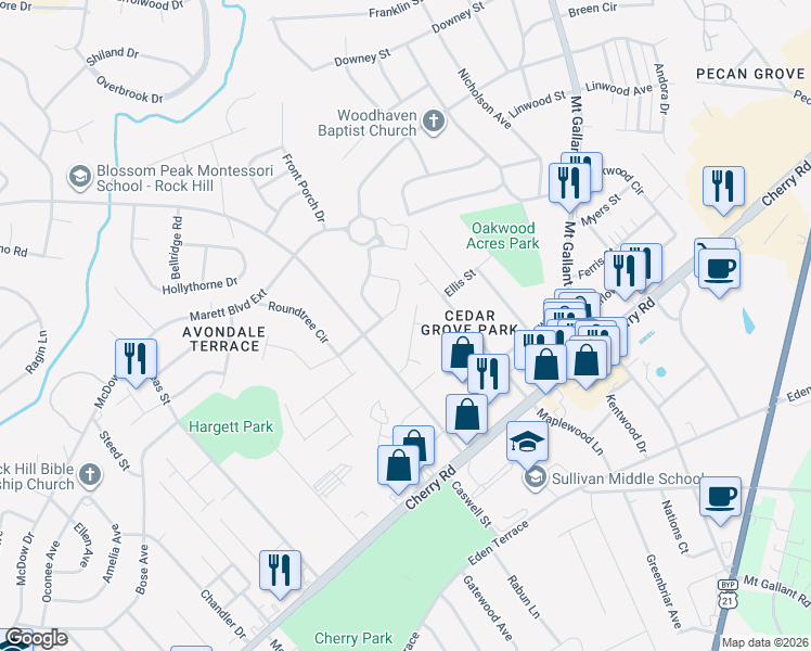 map of restaurants, bars, coffee shops, grocery stores, and more near 1839 Charter Drive in Rock Hill