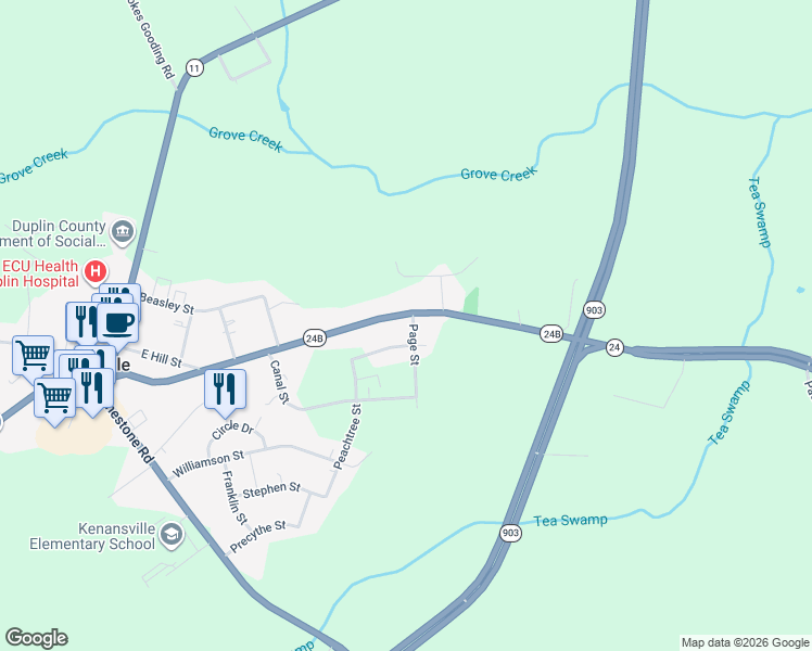 map of restaurants, bars, coffee shops, grocery stores, and more near 101-199 Page St in Kenansville