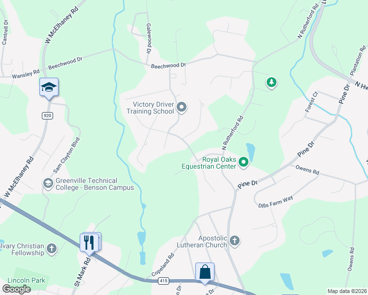 map of restaurants, bars, coffee shops, grocery stores, and more near 115 North Silver Ridge Drive in Greer