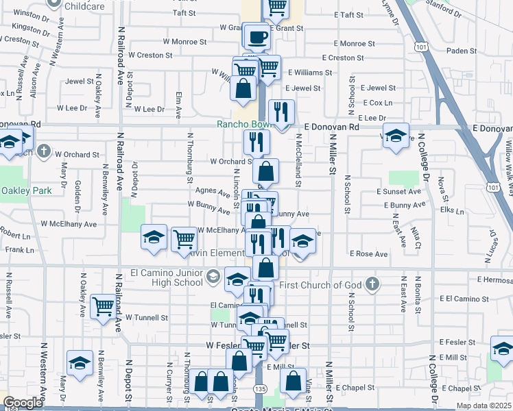 map of restaurants, bars, coffee shops, grocery stores, and more near 117 West Bunny Avenue in Santa Maria