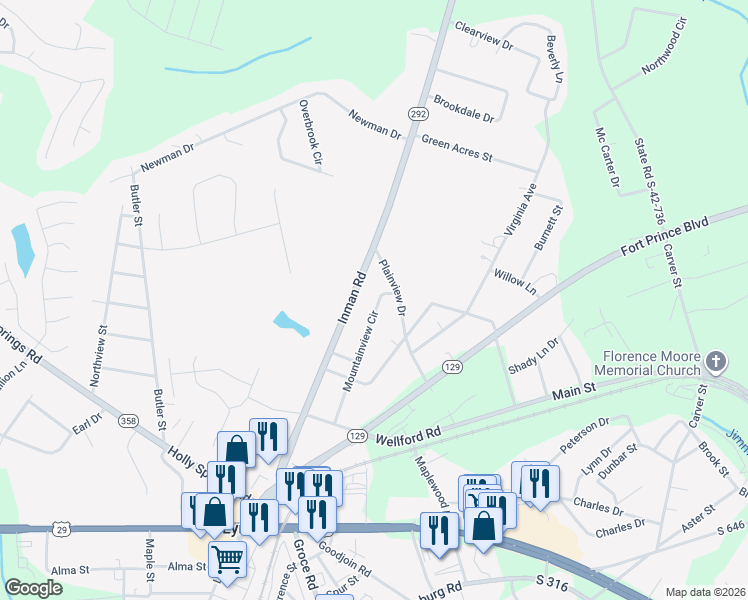 map of restaurants, bars, coffee shops, grocery stores, and more near 502 Mountainview Circle in Lyman