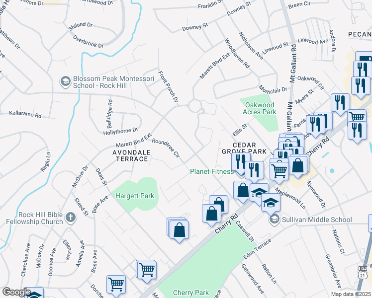 map of restaurants, bars, coffee shops, grocery stores, and more near 1217 Ebinport Road in Rock Hill
