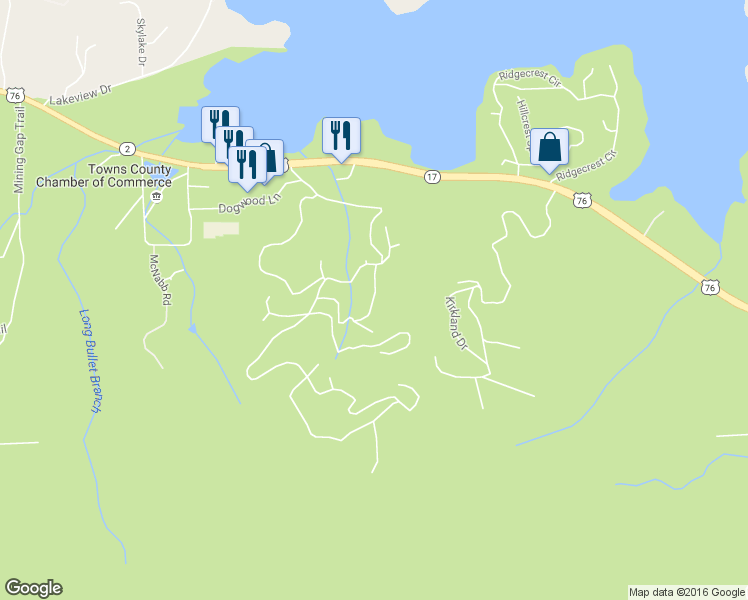 map of restaurants, bars, coffee shops, grocery stores, and more near 1110 Robin Ridge Lane in Hiawassee