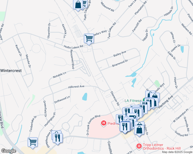 map of restaurants, bars, coffee shops, grocery stores, and more near 1973 Ebenezer Road in Rock Hill