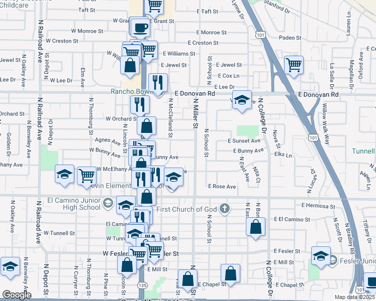 map of restaurants, bars, coffee shops, grocery stores, and more near 319 East Bunny Avenue in Santa Maria