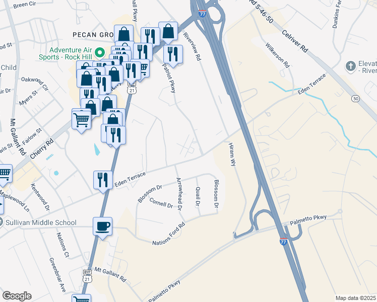 map of restaurants, bars, coffee shops, grocery stores, and more near 719 Patriot Parkway in Rock Hill
