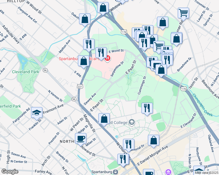 map of restaurants, bars, coffee shops, grocery stores, and more near 235 East Pearl Street in Spartanburg