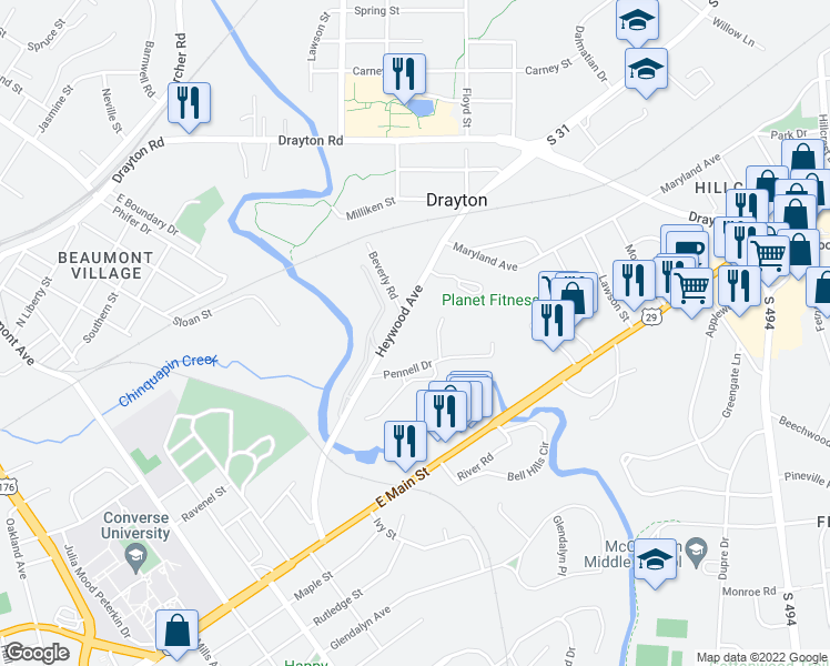 map of restaurants, bars, coffee shops, grocery stores, and more near 475 Heywood Avenue in Spartanburg