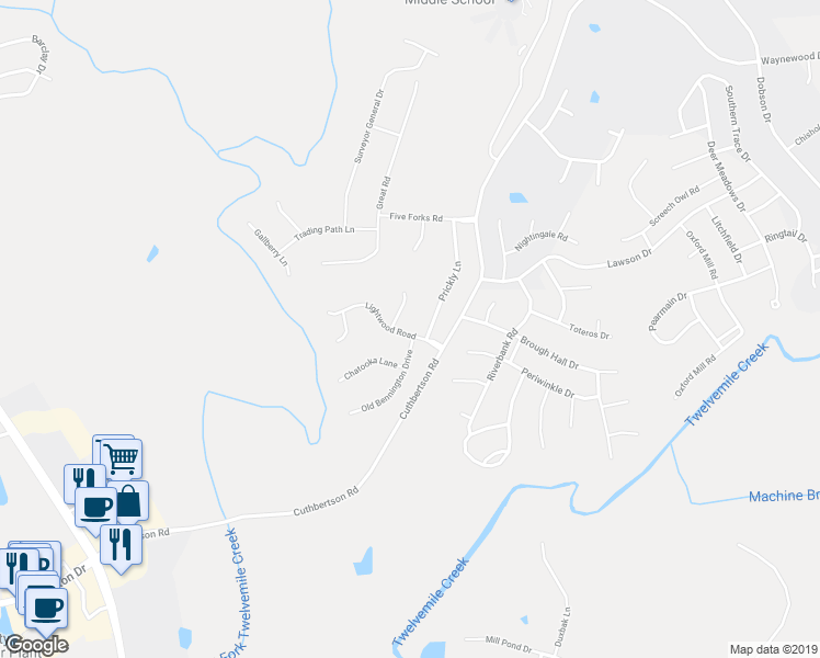 map of restaurants, bars, coffee shops, grocery stores, and more near 1200 Lightwood Road in Waxhaw