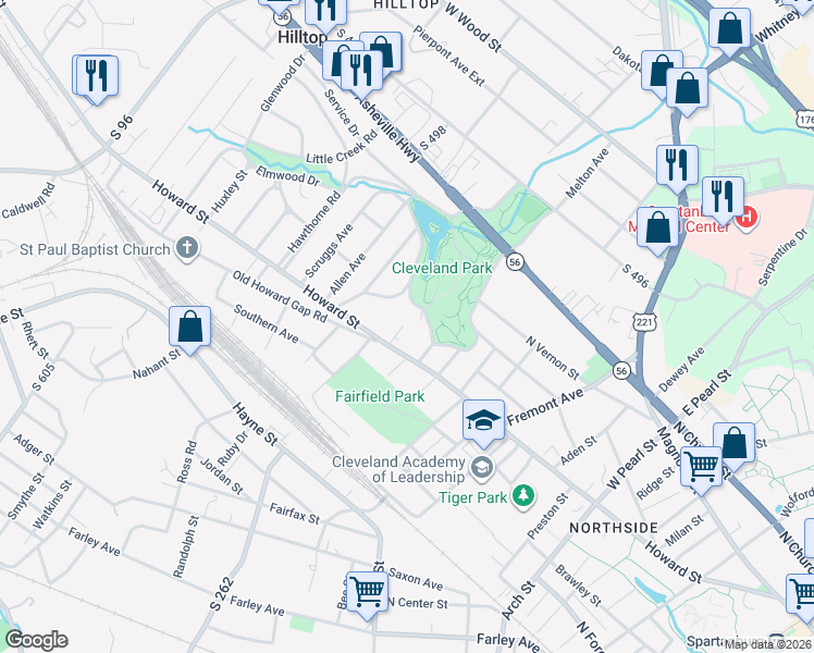 map of restaurants, bars, coffee shops, grocery stores, and more near 905 Howard Street in Spartanburg