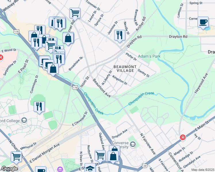 map of restaurants, bars, coffee shops, grocery stores, and more near 658 Carla Street in Spartanburg