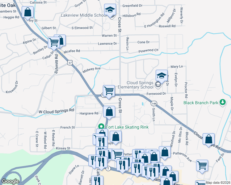 map of restaurants, bars, coffee shops, grocery stores, and more near 155 Cloud Springs Road in Rossville