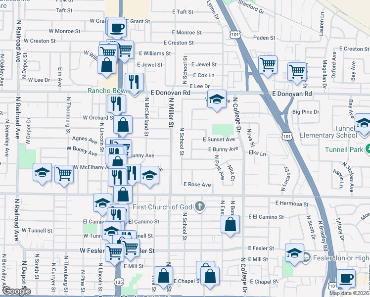 map of restaurants, bars, coffee shops, grocery stores, and more near 1202 North School Street in Santa Maria