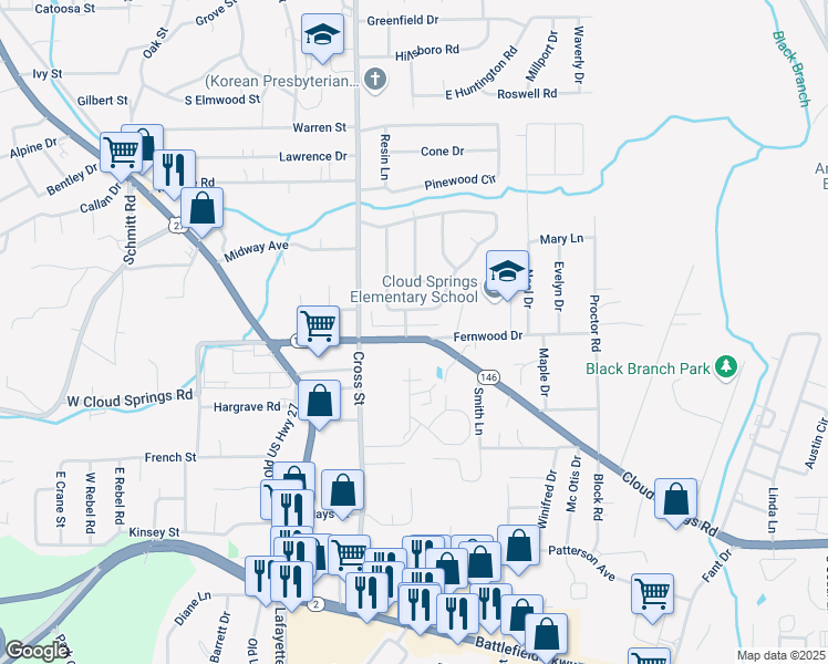map of restaurants, bars, coffee shops, grocery stores, and more near 319 Cloud Springs Road in Fort Oglethorpe