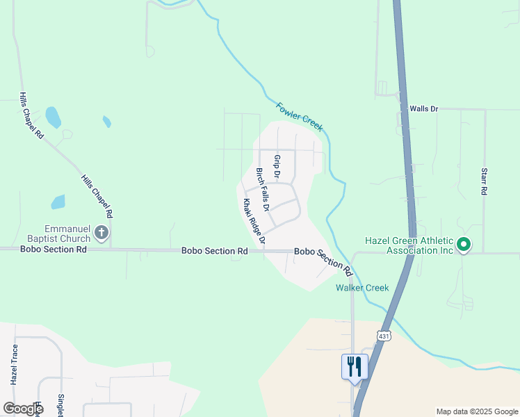 map of restaurants, bars, coffee shops, grocery stores, and more near 108 Birch Falls Drive in Hazel Green