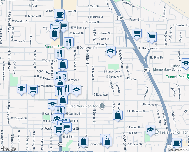 map of restaurants, bars, coffee shops, grocery stores, and more near 1202 North School Street in Santa Maria