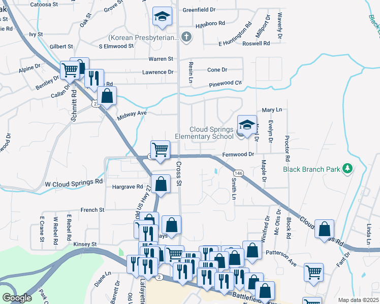map of restaurants, bars, coffee shops, grocery stores, and more near 15 Greenway Drive in Fort Oglethorpe