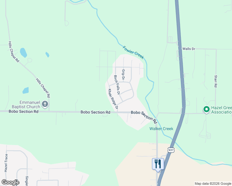 map of restaurants, bars, coffee shops, grocery stores, and more near 108 Birch Falls Drive in Hazel Green