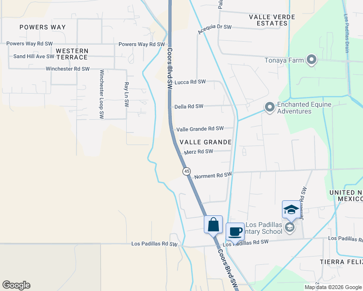 map of restaurants, bars, coffee shops, grocery stores, and more near 2741 Merz Road Southwest in Albuquerque