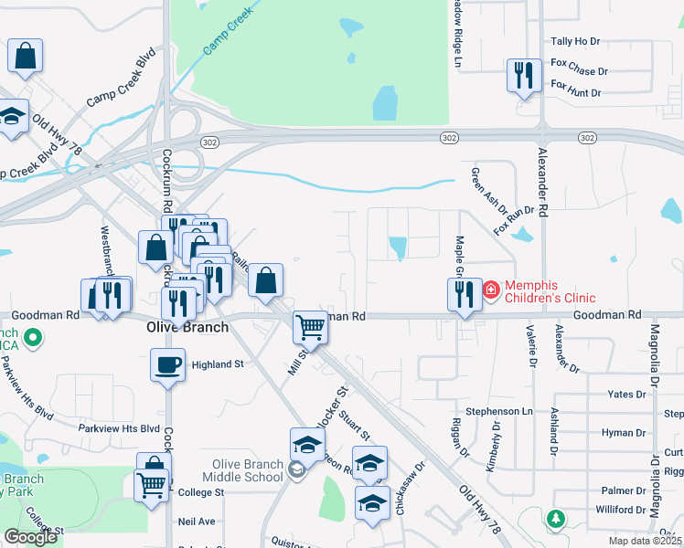 map of restaurants, bars, coffee shops, grocery stores, and more near 9400 Goodman Road in Olive Branch
