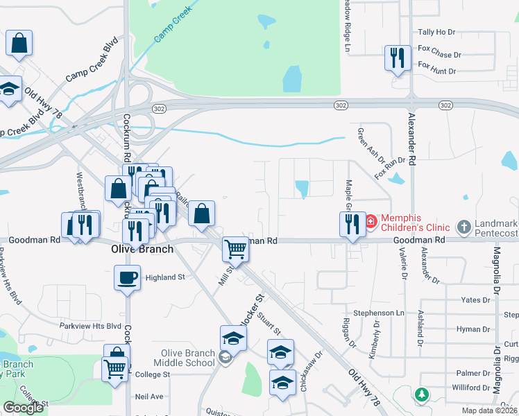 map of restaurants, bars, coffee shops, grocery stores, and more near 9400 Goodman Road in Olive Branch