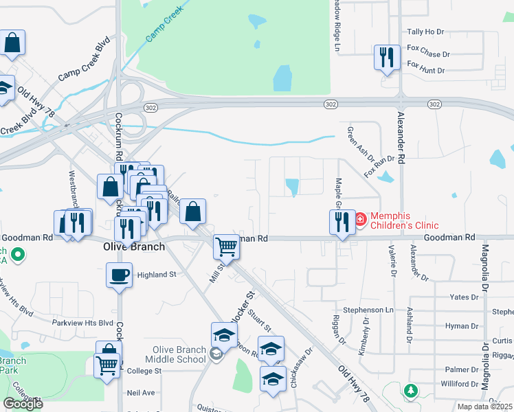 map of restaurants, bars, coffee shops, grocery stores, and more near 7051 Village Lane in Olive Branch