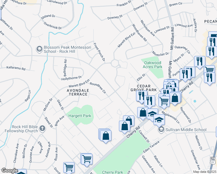 map of restaurants, bars, coffee shops, grocery stores, and more near 1217 Ebinport Road in Rock Hill