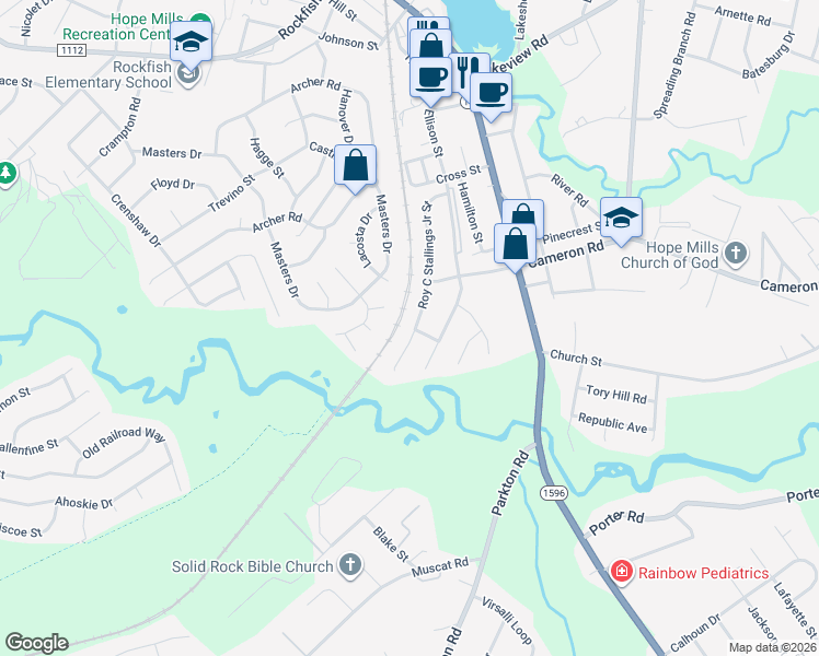 map of restaurants, bars, coffee shops, grocery stores, and more near 5204 Roy C Stallings Junior Street in Hope Mills