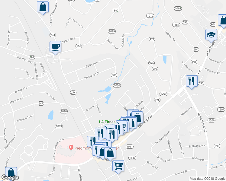 map of restaurants, bars, coffee shops, grocery stores, and more near 339 Grady Drive in Rock Hill