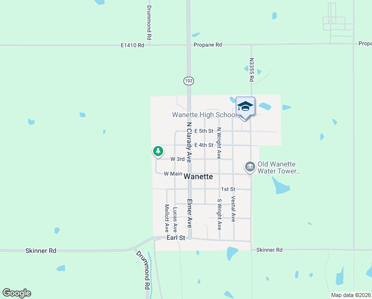 map of restaurants, bars, coffee shops, grocery stores, and more near 317 Clarady in Wanette